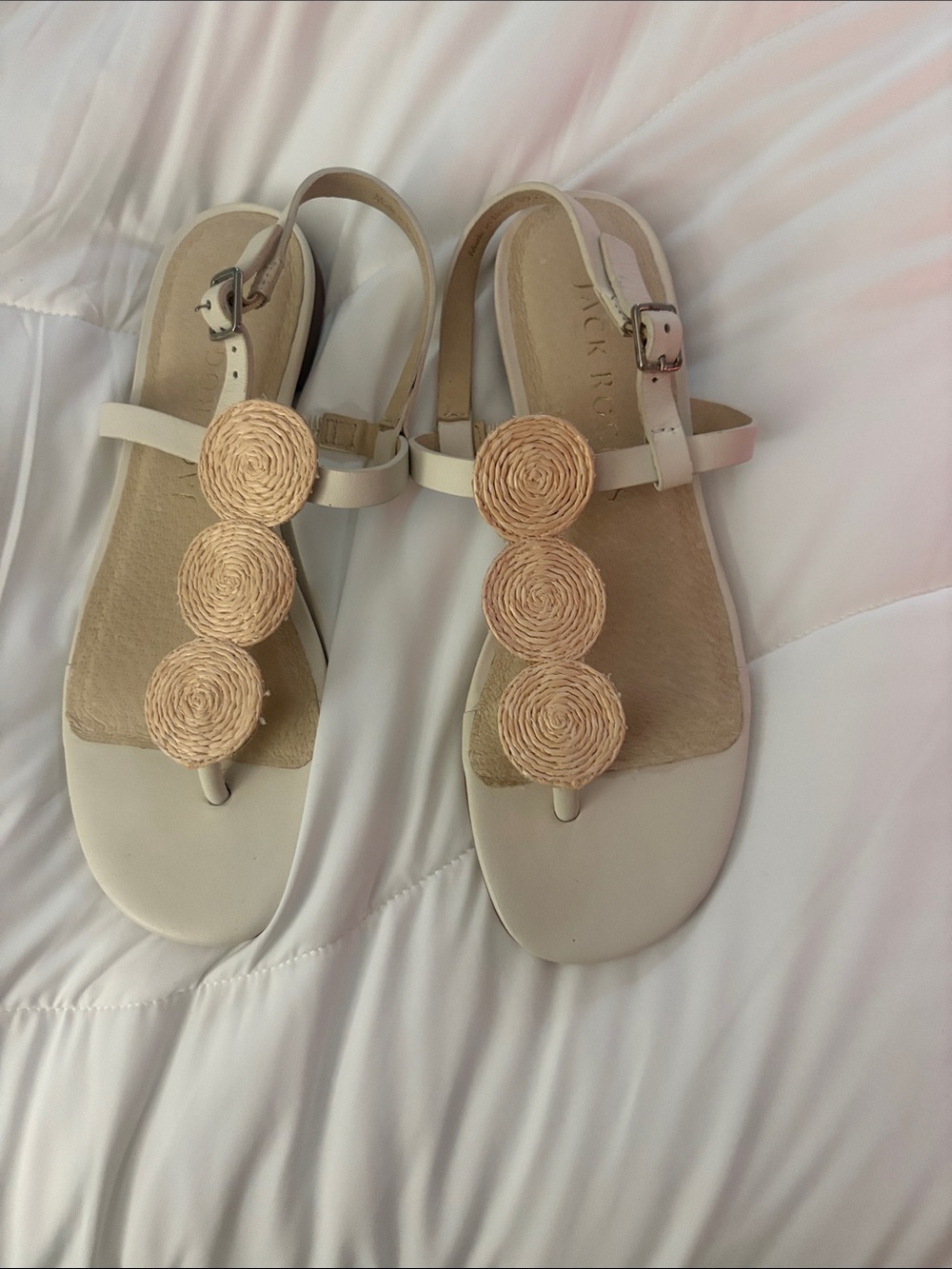 Jack Rogers Ivory T-Strap Sandals with Woven Rosette Accents